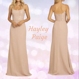 Hayley Paige Maxi Dress Womens Sz 14 Peach Pink Chiffon & Lace Bodice Formal